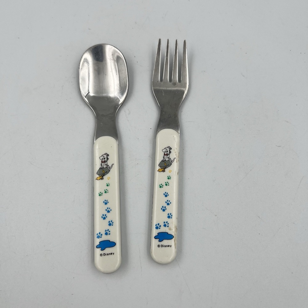 Vintage Disney 101 Dalmatians Puppy Toddler Fork Spoon Set Spilled Paint Rare